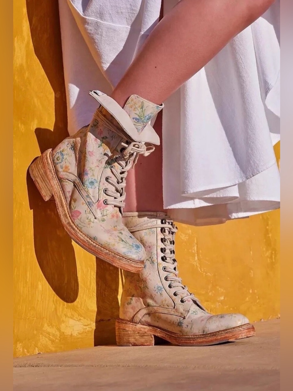 FREE PEOPLE Santa Fe Floral Leather Lace Up Combat Boots